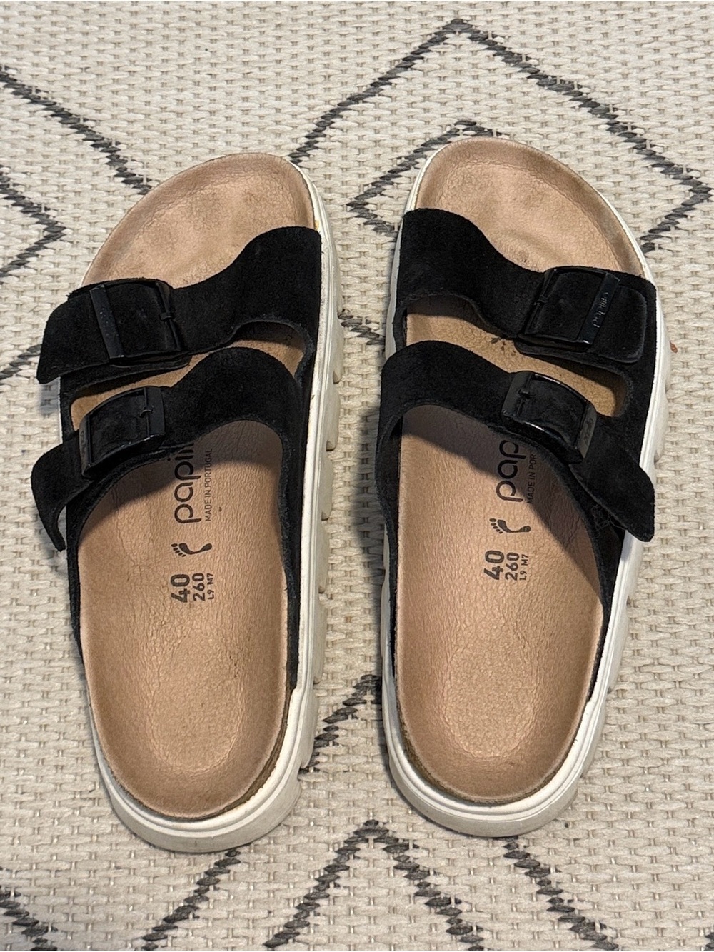 Birkenstock Black Suede Two-Strap Slide Sandals with White Sole